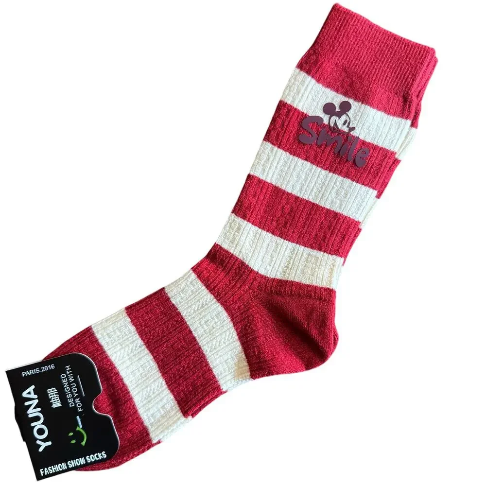 Youna Socks 22-24cm Size Red and White Stripes